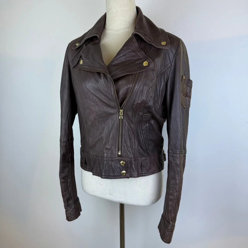 Y2K Guess Womens Brown Real Leather Moto Jacket Gold Zip & Snaps Pocket Size LG